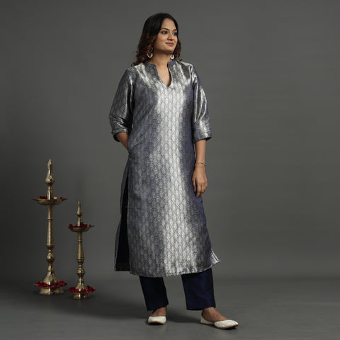 Navy Blue - Elegant Banarasi Brocade Silk Kurta with Pant Set