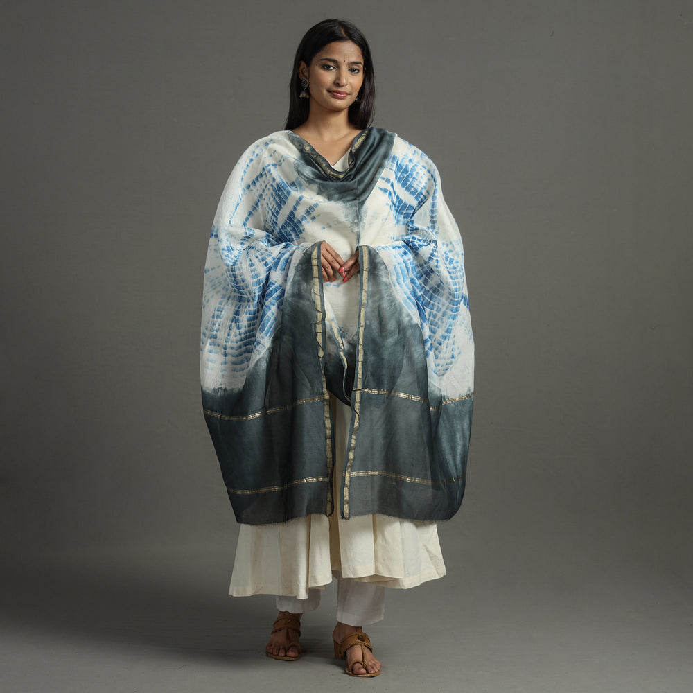 White -Shibori Tie-Dye Handloom Chanderi Silk Dupatta with Zari Border 60