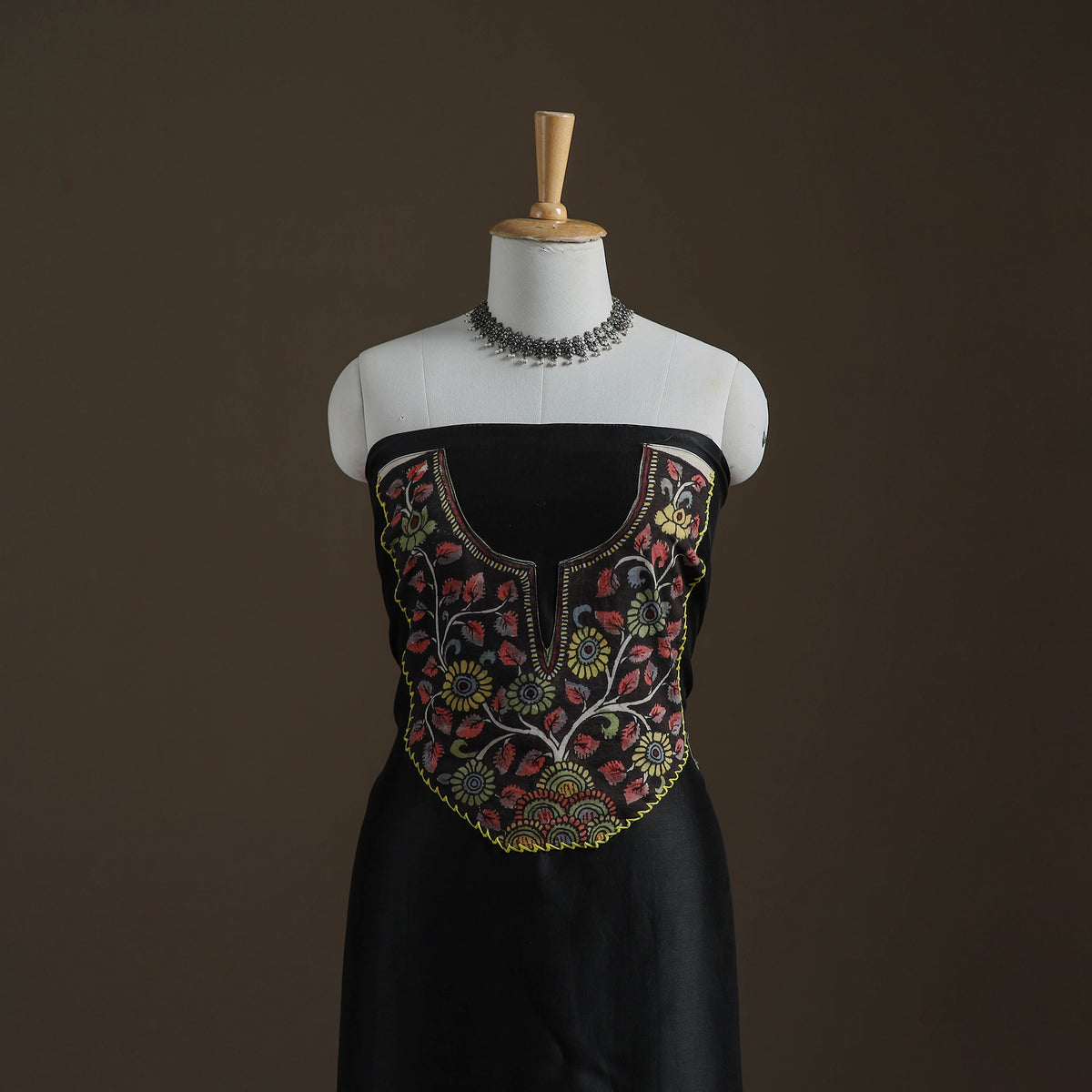 Black - Handpainted Srikalahasti Handloom Chanderi Silk Unstitched Kurta (2.3M) 20