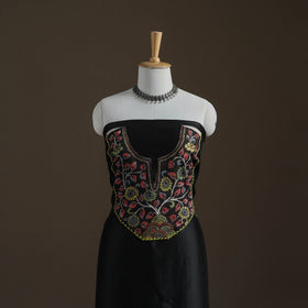 Black - Handpainted Srikalahasti Handloom Chanderi Silk Unstitched Kurta (2.3M) 20