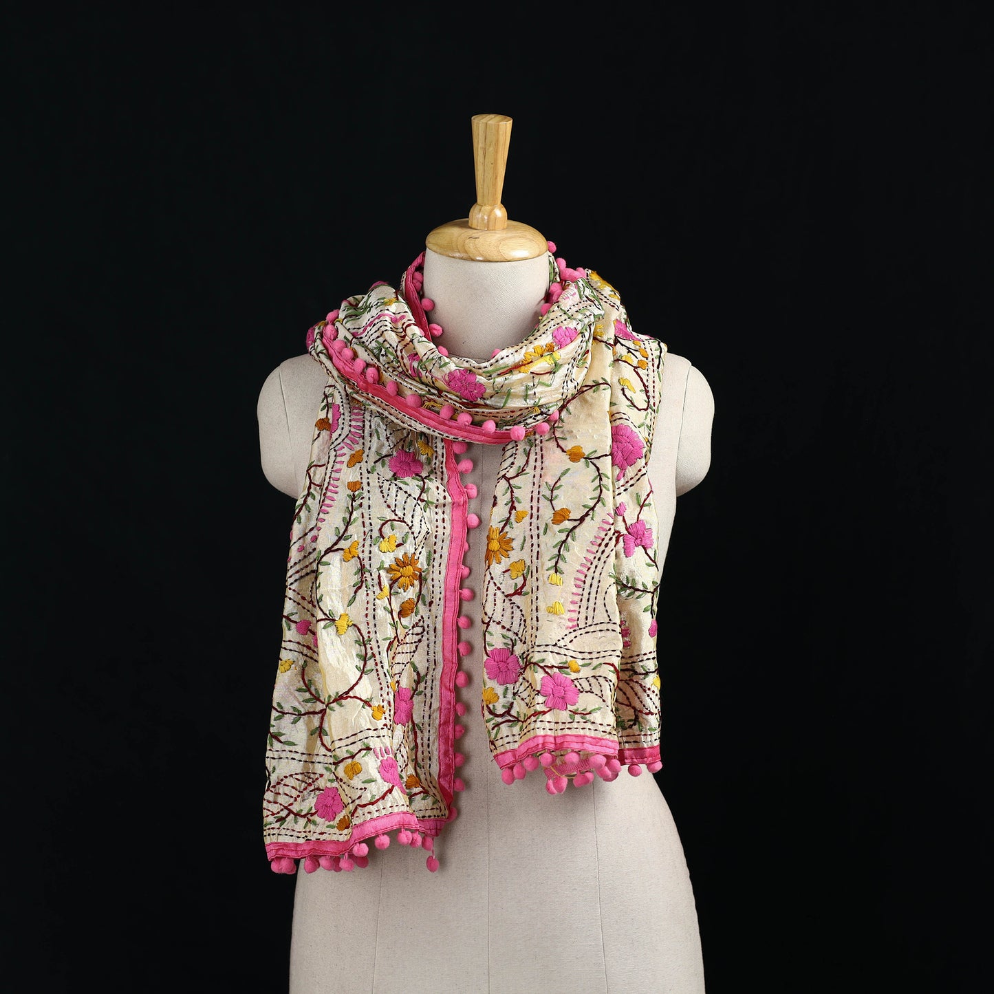 Ranihati Chanderi Silk Hand Embroidered Stole with Pom Pom 216