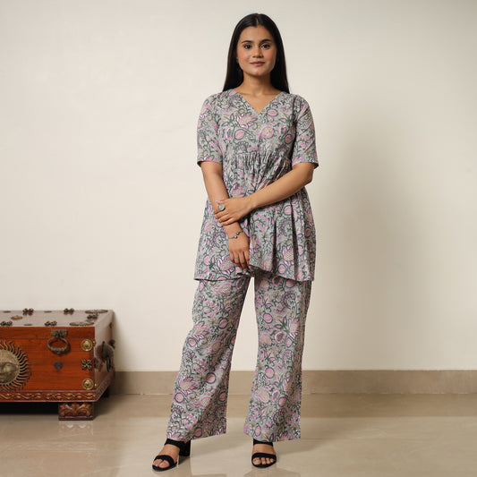 Grey - Sanganeri Block Printed Cotton Co-Ord Set 06