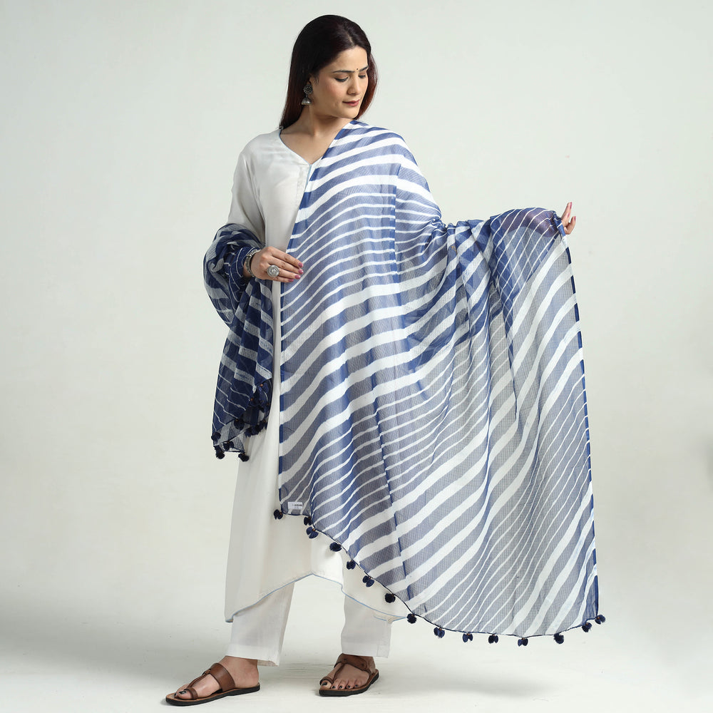 Blue - Leheriya Tie-Dye Kota Doria Cotton Dupatta with Tassels 43