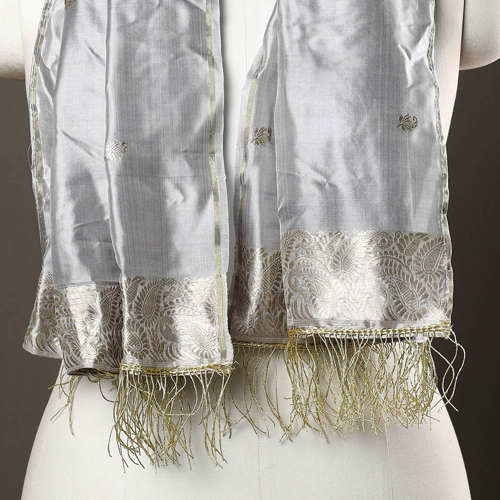 Grey - Brocade Handloom Pure Silk Banarasi Stole with Tassels 10