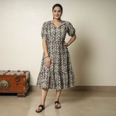 Beige - Bagru Block Printed Cotton Tiered Dress 14