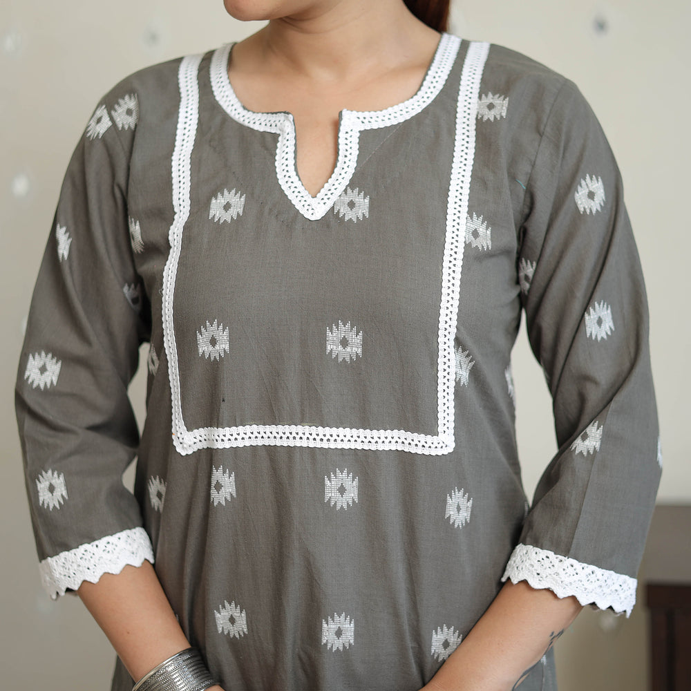 Grey - Jacquard Cotton Straight Kurta with Lace Work 28