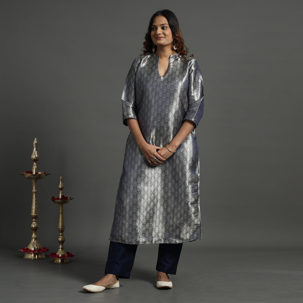 Navy Blue - Elegant Banarasi Brocade Silk Kurta with Pant Set