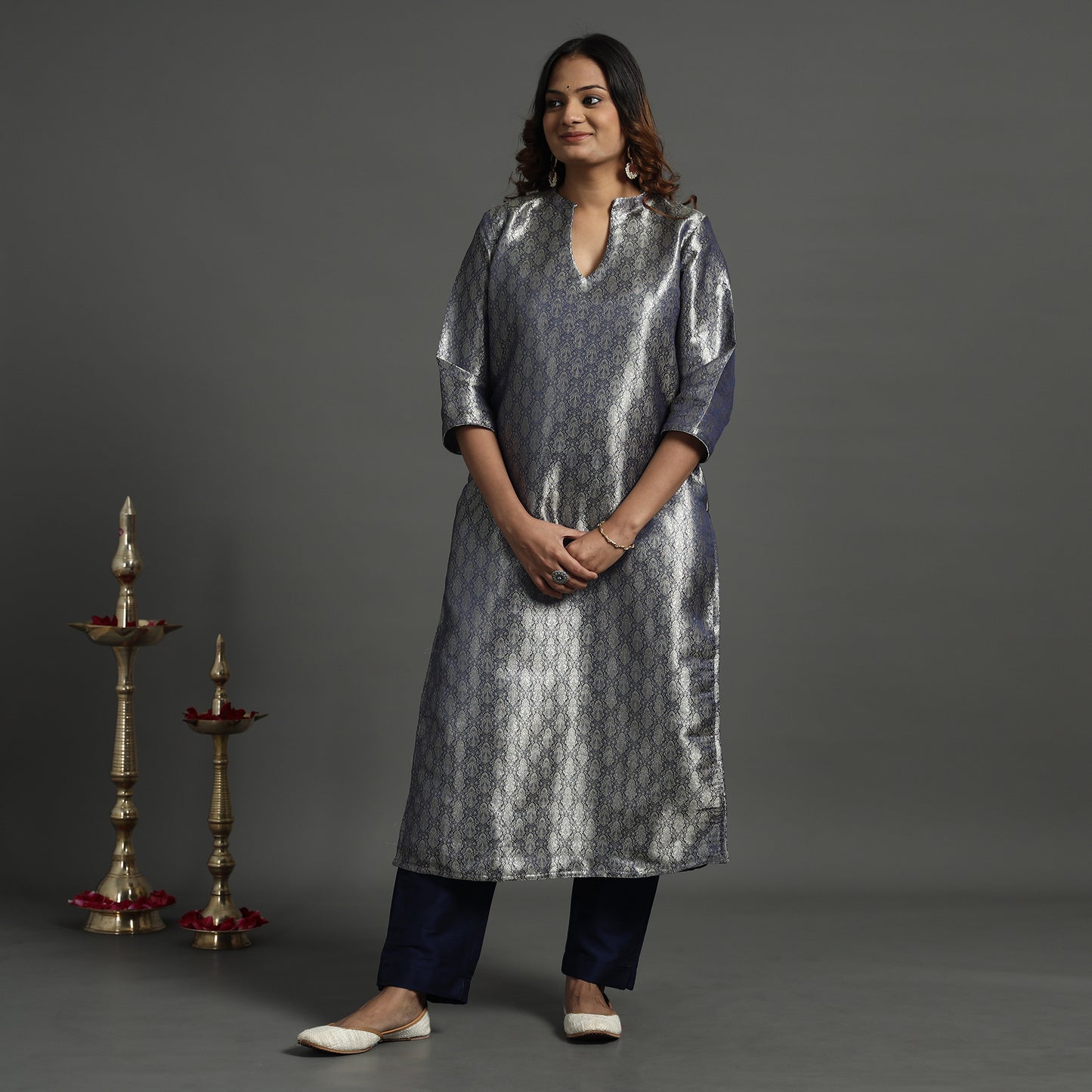 Navy Blue - Elegant Banarasi Brocade Silk Kurta with Pant Set