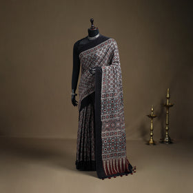 Ajrakh Hand Block Print Natural Dyed Handloom Thread Border Cotton Saree 19