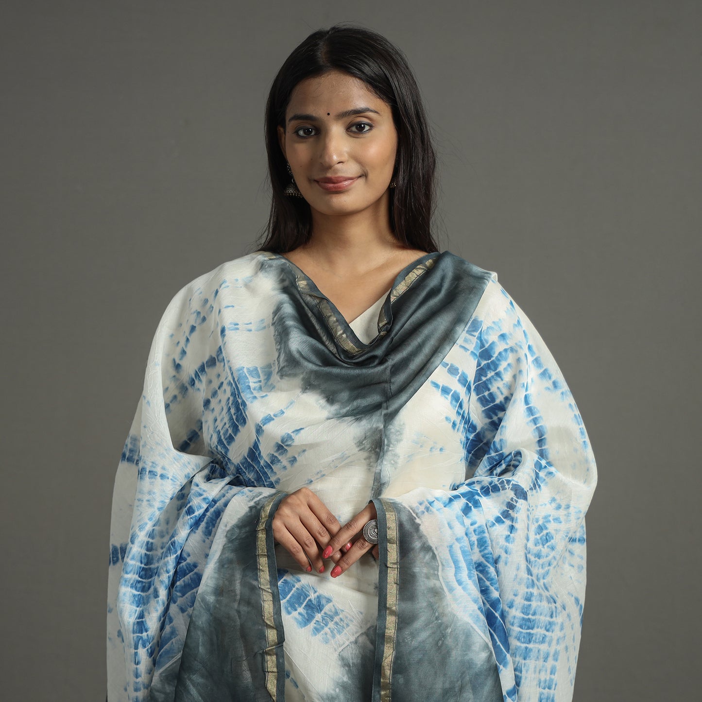 White -Shibori Tie-Dye Handloom Chanderi Silk Dupatta with Zari Border 60