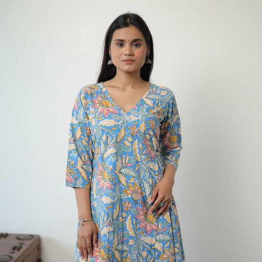 Light Blue - Sanganeri Block Printed Mul Cotton A-Line Kurta