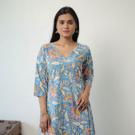 Buy Blue Sanganeri Block Printed Mul Cotton A-Line Kurta for Women