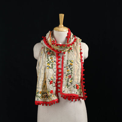 Ranihati Chanderi Silk Hand Embroidered Stole with Pom Pom 218