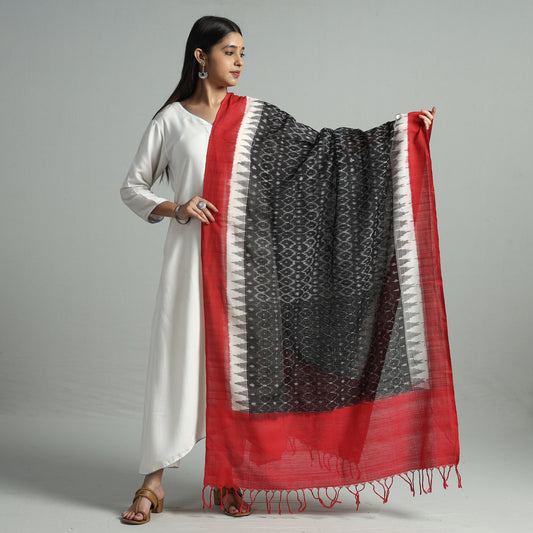 Black - Pochampally Ikat Handloom Cotton Dupatta with Tassels 02