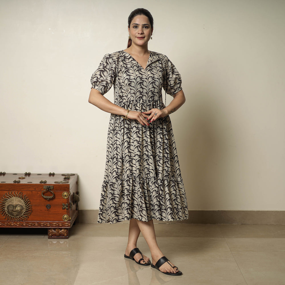 Beige - Bagru Block Printed Cotton Tiered Dress 14