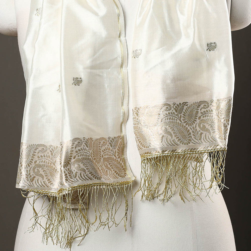 White - Brocade Handloom Pure Silk Banarasi Stole with Tassels 12