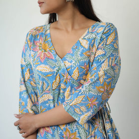 Buy Blue Sanganeri Block Printed Mul Cotton A-Line Kurta for Women