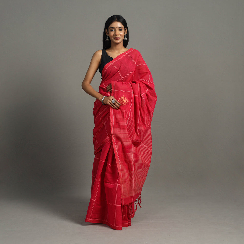 Red - Flower of Life Zari Jamdani Cotton Handloom Saree 47