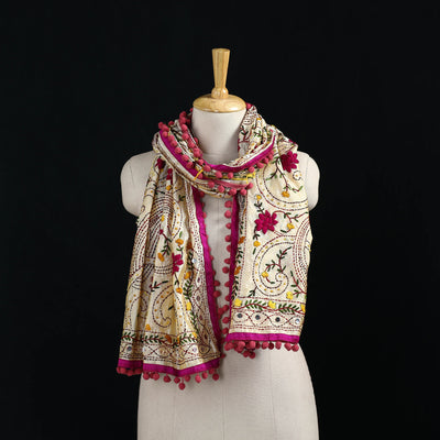 Ranihati Chanderi Silk Hand Embroidered Stole with Pom Pom 219