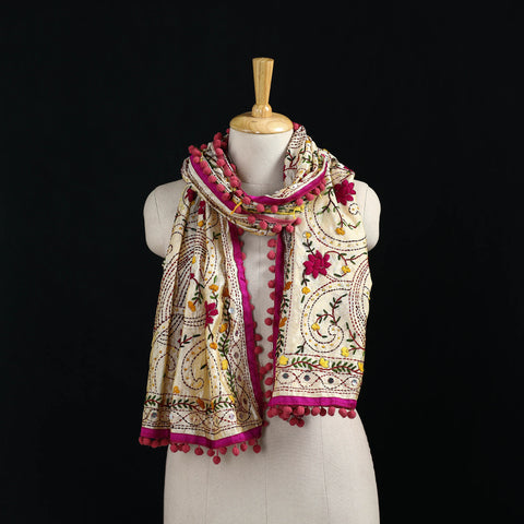 Ranihati Chanderi Silk Hand Embroidered Stole with Pom Pom 219