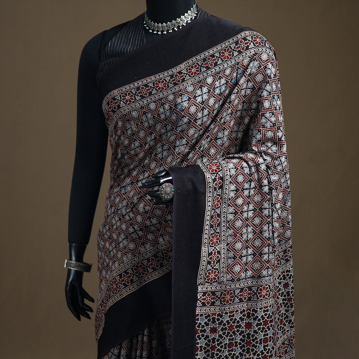 Ajrakh Hand Block Print Natural Dyed Handloom Thread Border Cotton Saree 19