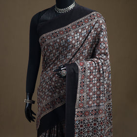 Ajrakh Hand Block Print Natural Dyed Handloom Thread Border Cotton Saree 19