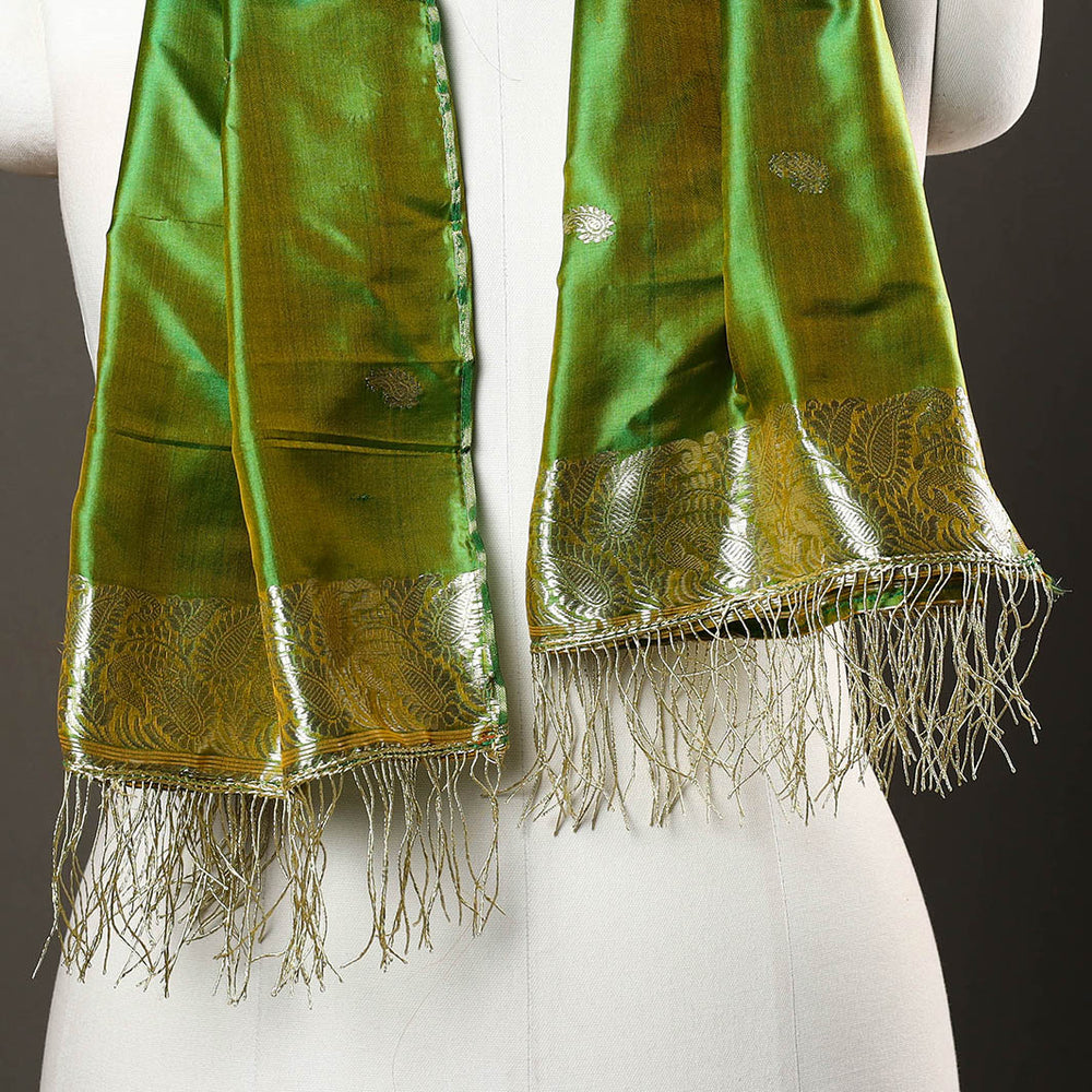 Green - Brocade Handloom Pure Silk Banarasi Stole with Tassels 02