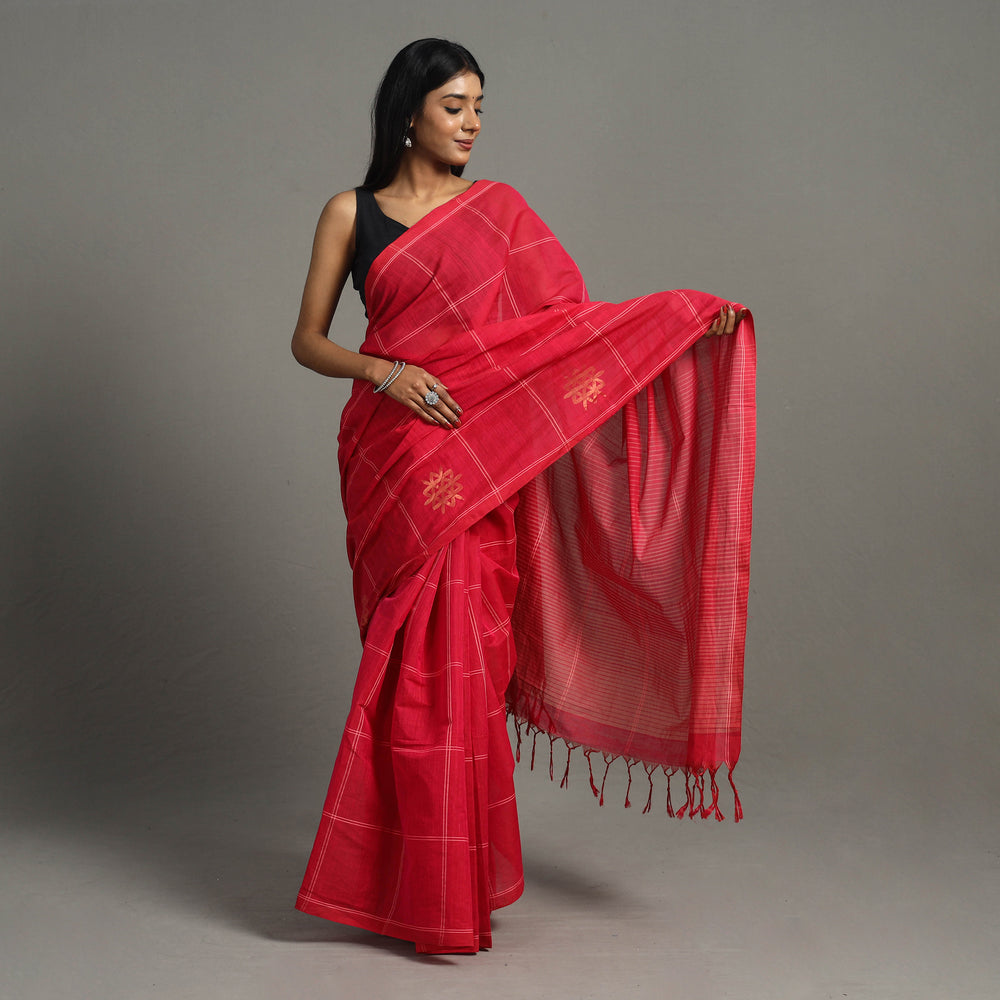 Red - Flower of Life Zari Jamdani Cotton Handloom Saree 47