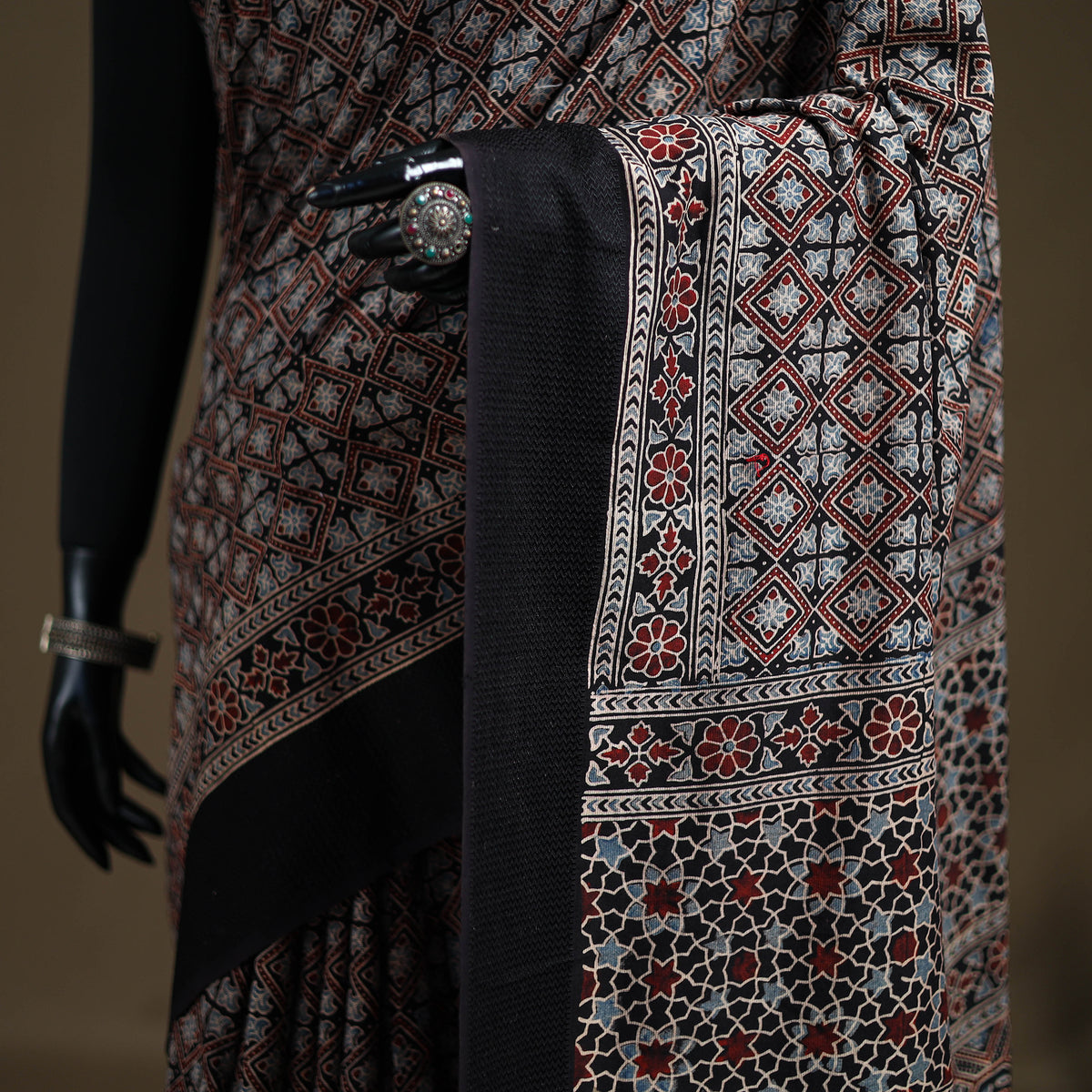 Ajrakh Hand Block Print Natural Dyed Handloom Thread Border Cotton Saree 19