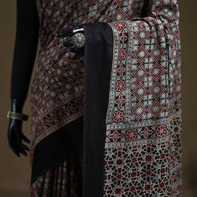 Ajrakh Hand Block Print Natural Dyed Handloom Thread Border Cotton Saree 19