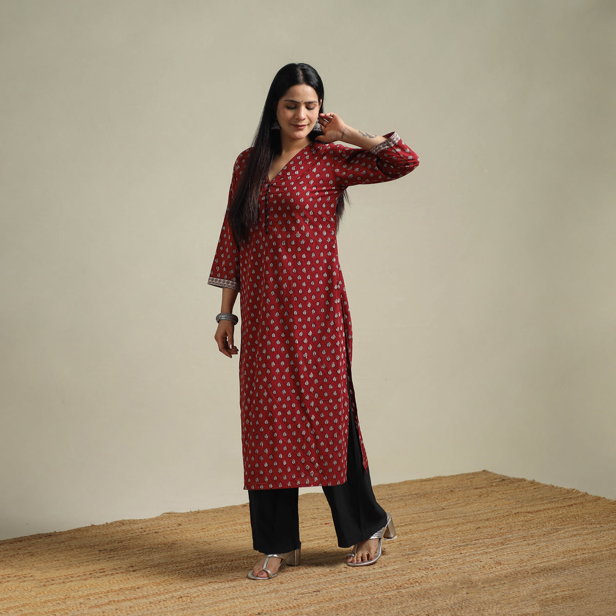 Red - Bagh Hand Block Print Natural Dyed Cotton Straight Kurta for women 05