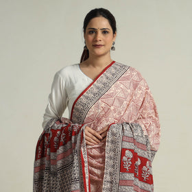  Red Block Printed Natural Dyed Cotton Bagh Dupatta
