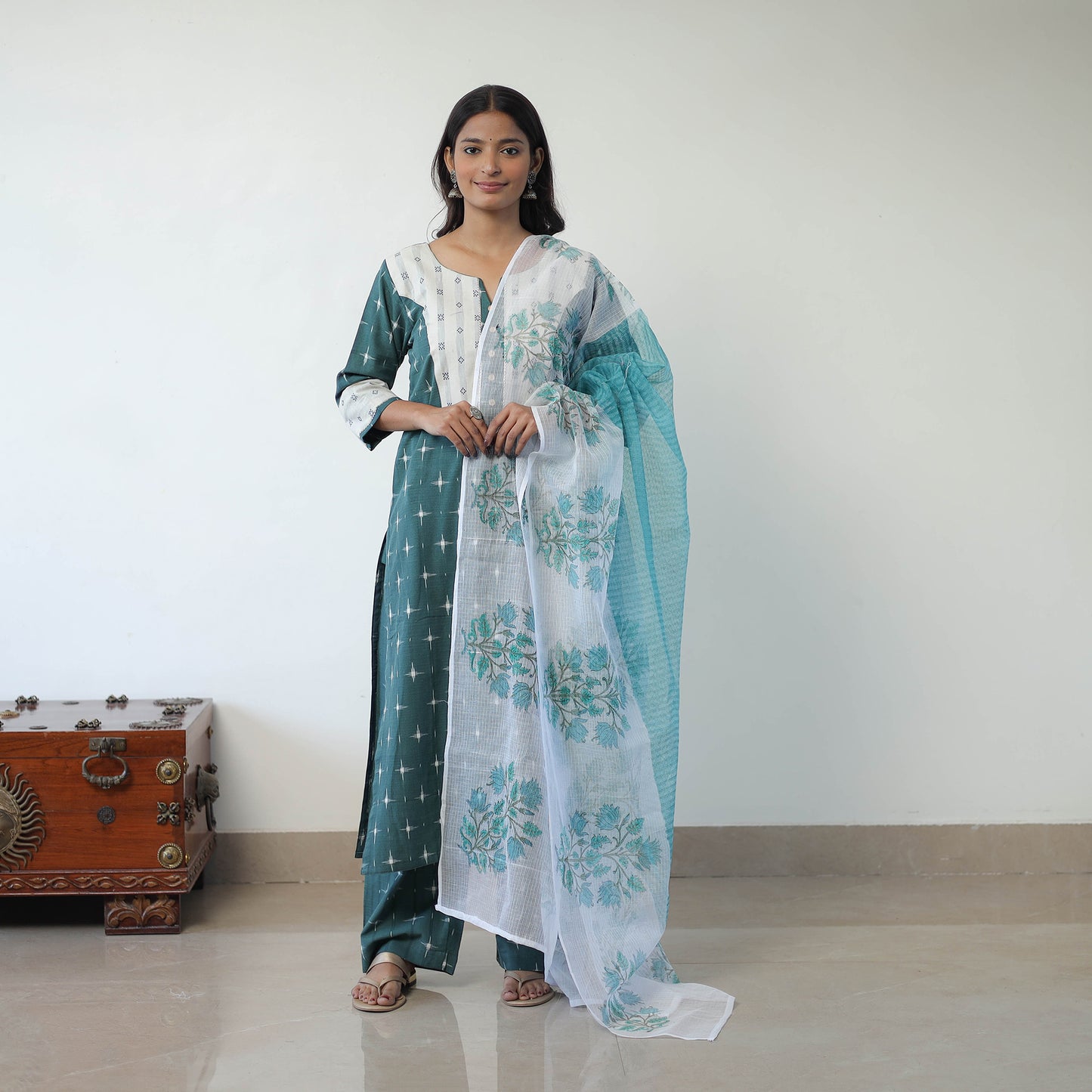 Green - Handloom Cotton Pochampally Ikat Kurta Set with Dupatta 04