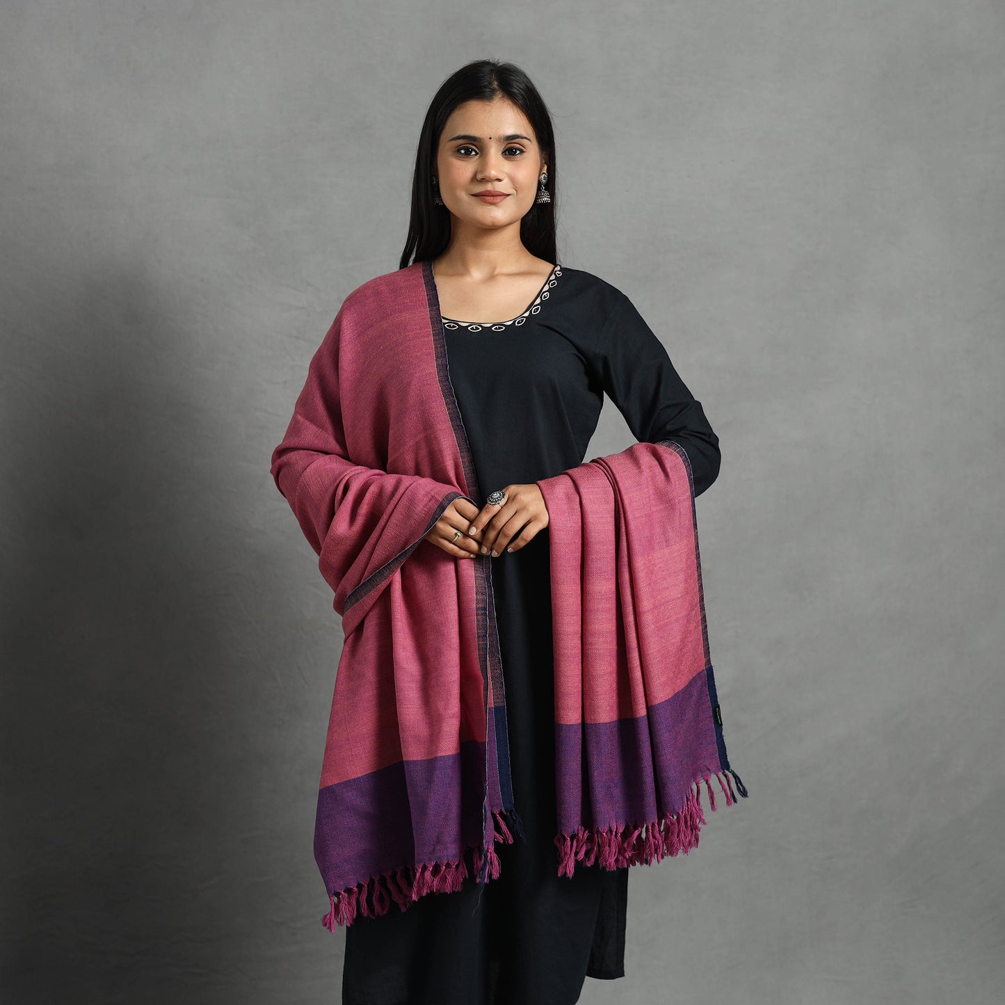 Pink - Kumaun Handwoven Pure Merino Wool Shawl for Women 16