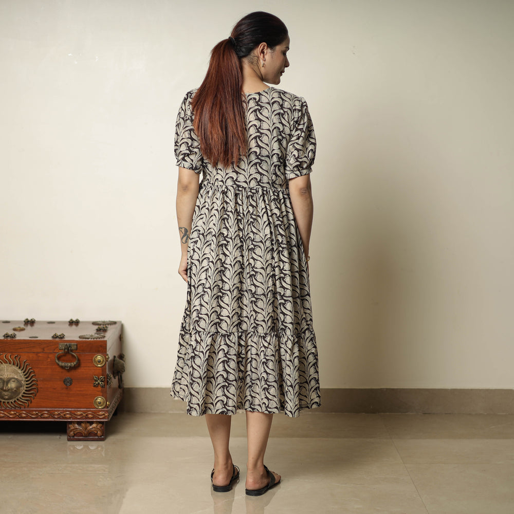 Beige - Bagru Block Printed Cotton Tiered Dress 14