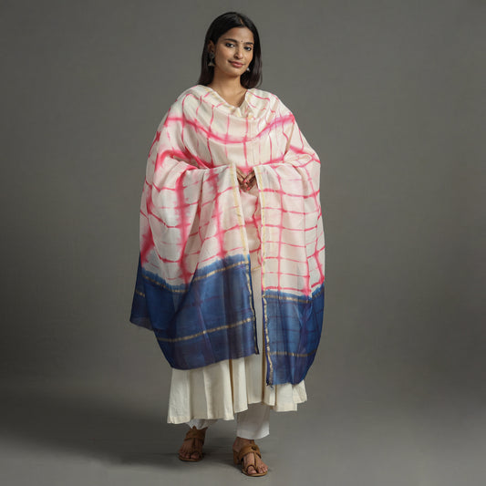 Pink - Shibori Tie-Dye Handloom Chanderi Silk Dupatta with Zari Border 61