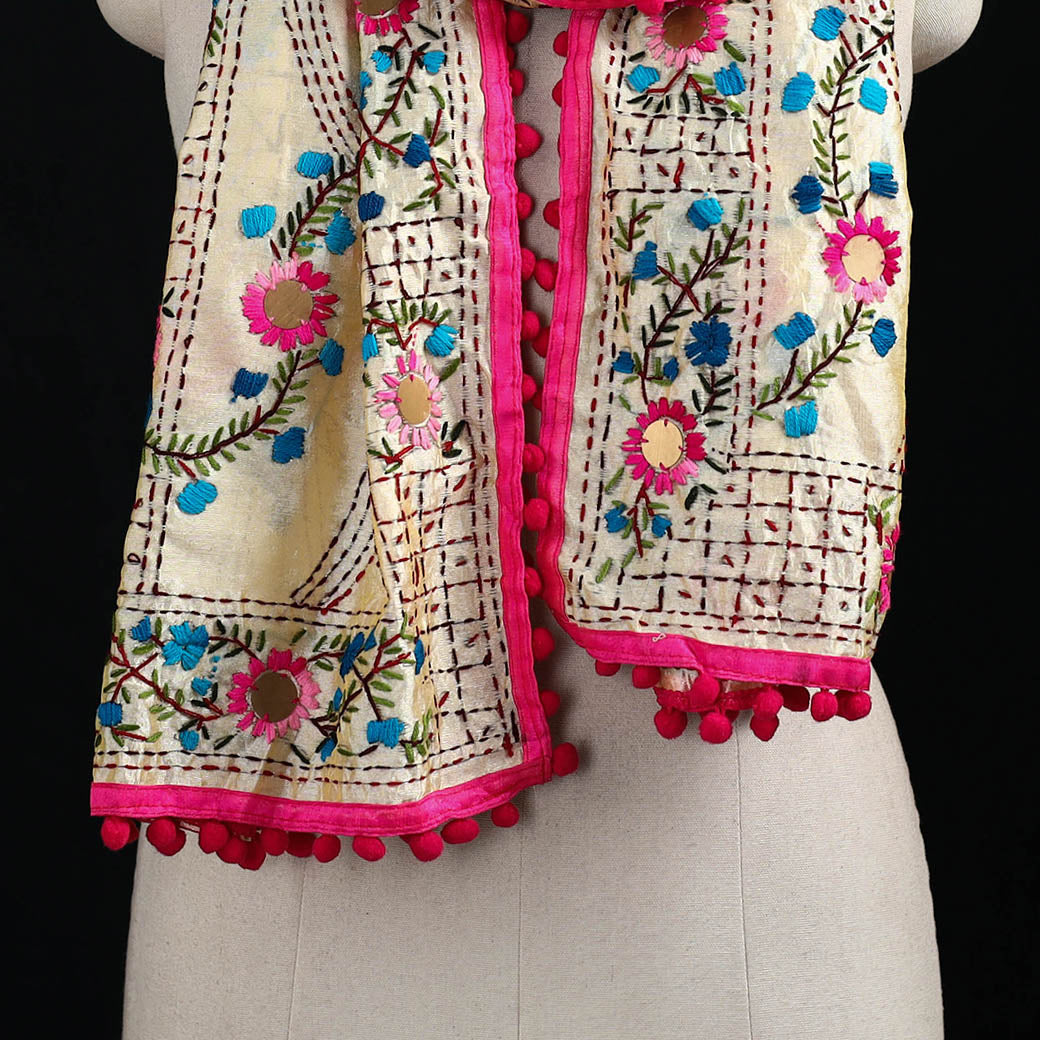 Ranihati Chanderi Silk Hand Embroidered Stole with Pom Pom 221