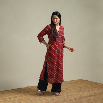 Red - Bagh Hand Block Print Natural Dyed Cotton Straight Kurta for women 05