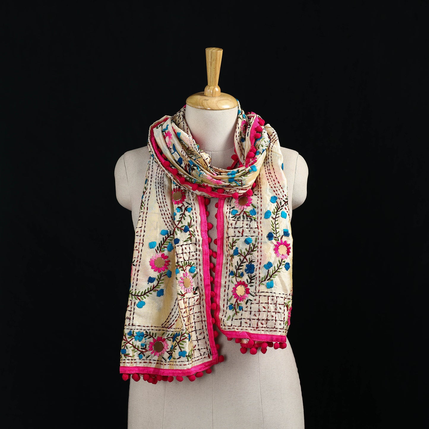 Ranihati Chanderi Silk Hand Embroidered Stole with Pom Pom 221