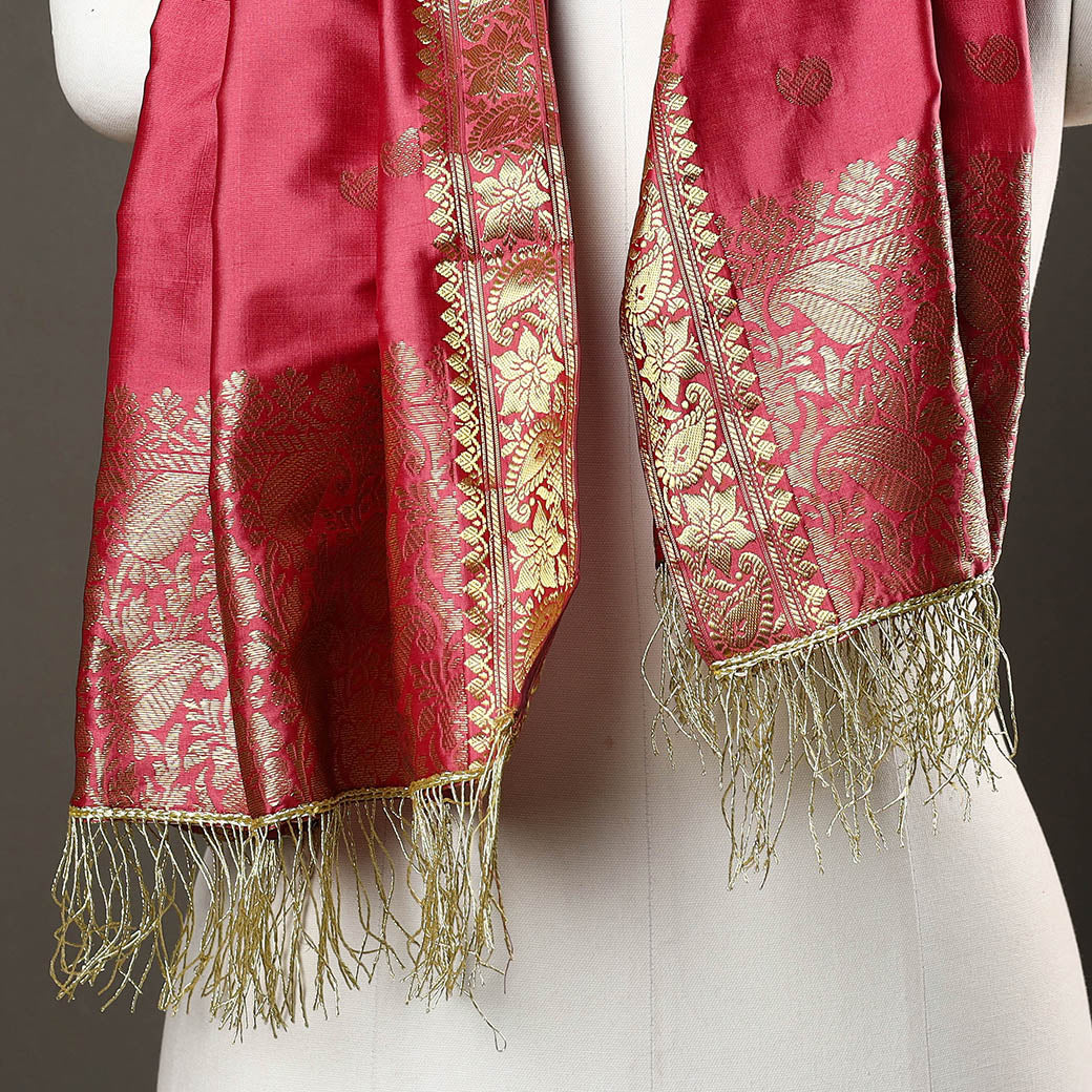 Pink - Brocade Handloom Silk Nakshi Buti Banarasi Stole with Tassels 24