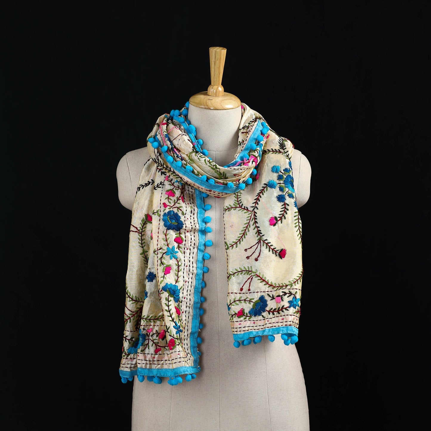 Ranihati Chanderi Silk Hand Embroidered Stole with Pom Pom 222