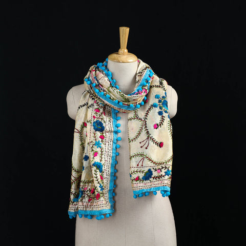 Ranihati Chanderi Silk Hand Embroidered Stole with Pom Pom 222