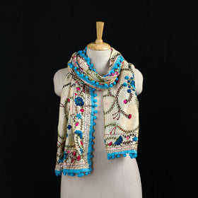 Ranihati Chanderi Silk Hand Embroidered Stole with Pom Pom 222