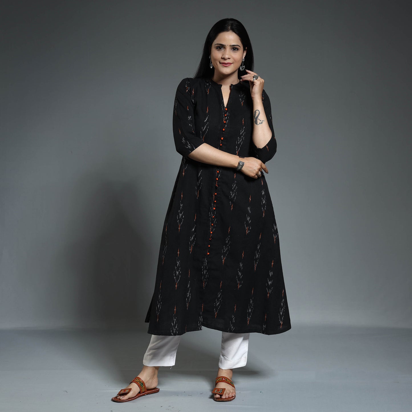 Black - Pochampally Ikat Weave Cotton Long A-Line Kurta 09