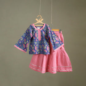 Girls Gota Work Floral Block Print Cotton Kurta with Sharara Set (3-4 Years) 29