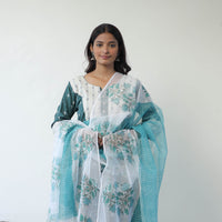 Green - Handloom Cotton Pochampally Ikat Kurta Set with Dupatta 04