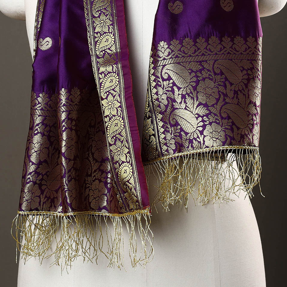 Purple - Brocade Handloom Silk Nakshi Buti Banarasi Stole with Tassels 23