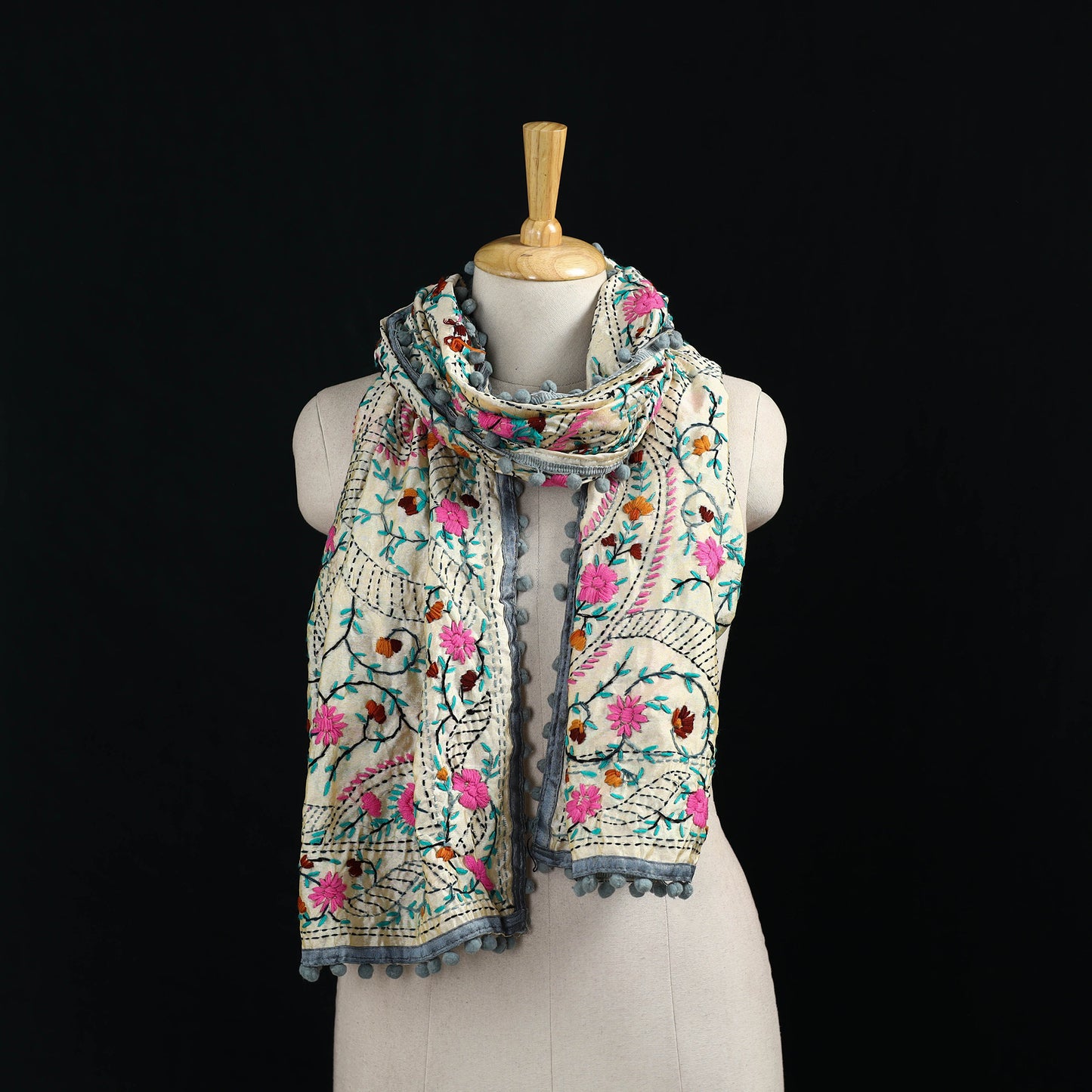 Ranihati Chanderi Silk Hand Embroidered Stole with Pom Pom 223