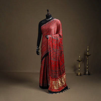 Ajrakh Hand Block Print Natural Dyed Lagdi Patta Border Modal Silk Saree 01