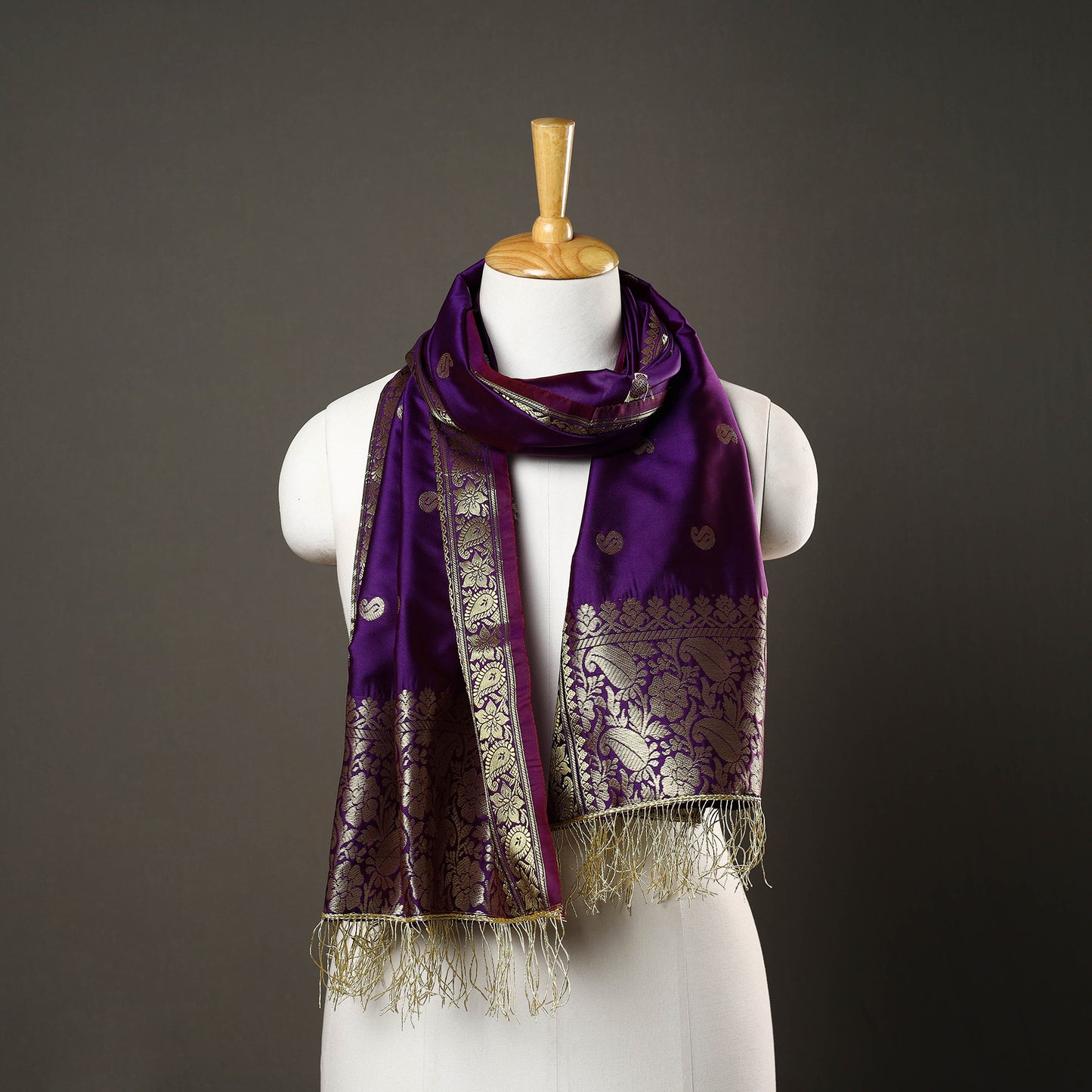 Purple - Brocade Handloom Silk Nakshi Buti Banarasi Stole with Tassels 23